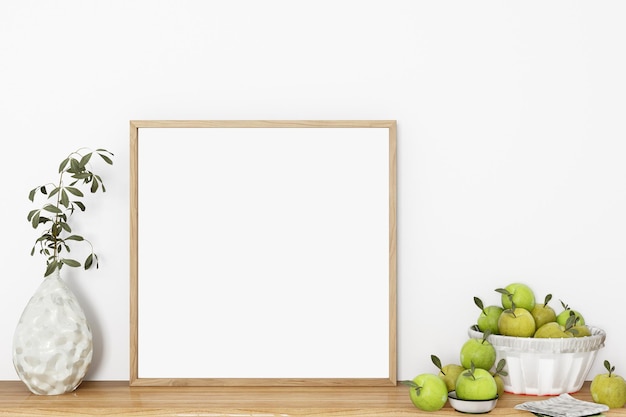 Square frame mockup with apples 3D rendering