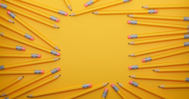 Photo square frame of pencils on a yellow background 3d render