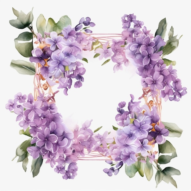 A square frame of purple flowers with a gold frame.