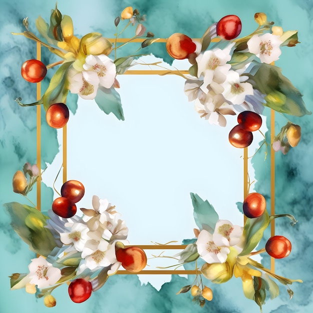 A square frame with flowers and berries on a blue background