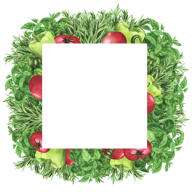 Photo square frame with fresh herbs rosemary basil tomatoes chili pepper watercolor wreath border illustration for design