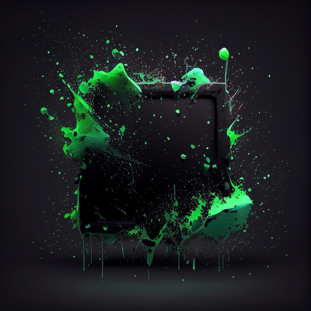 A square frame with green paint splashes on black background