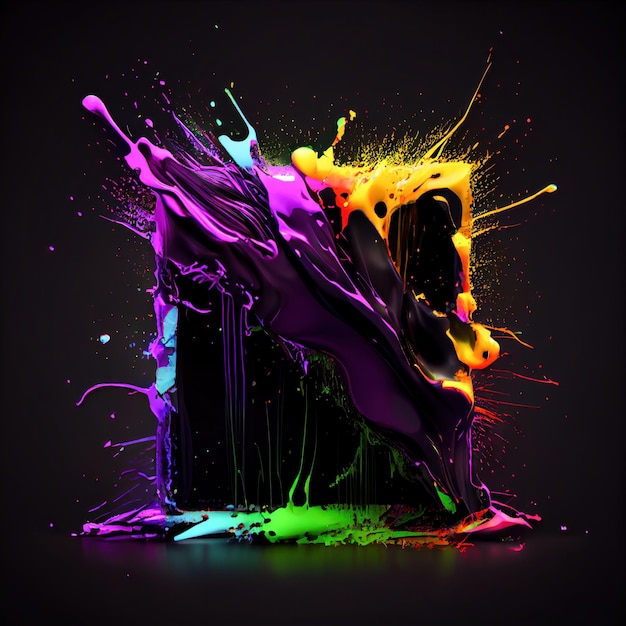 A square frame with neon paint splashes on black background