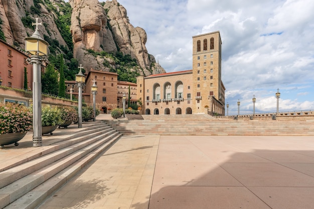 Square in front of the famous monastery Santa Maria de Montserrat Abbey. Catalonia, Spain.