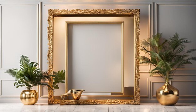 Square gold frame with foliage background