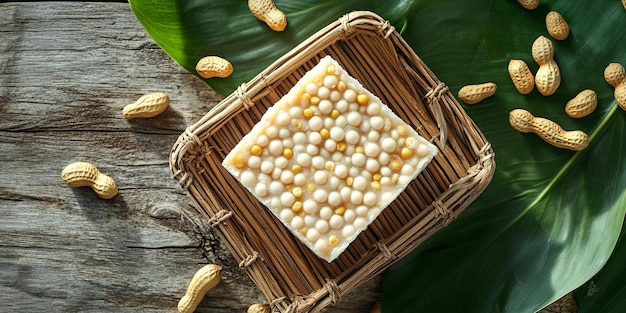 A square of handmade soap with peanuts and a green leaf in the background