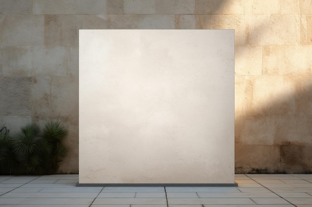 Square light box empty display on beige concrete wall outdoors