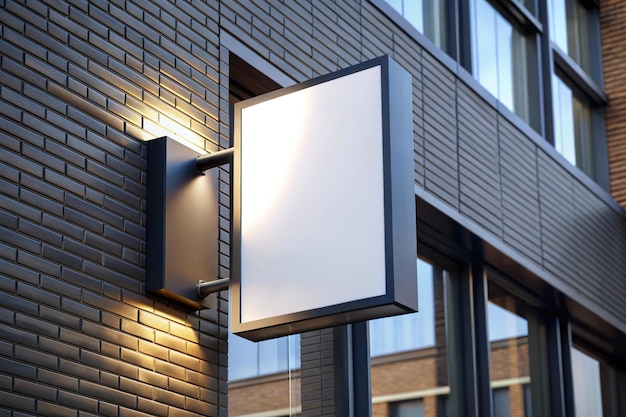 Photo a square light on a brick wall with a white sign that says  rectangle