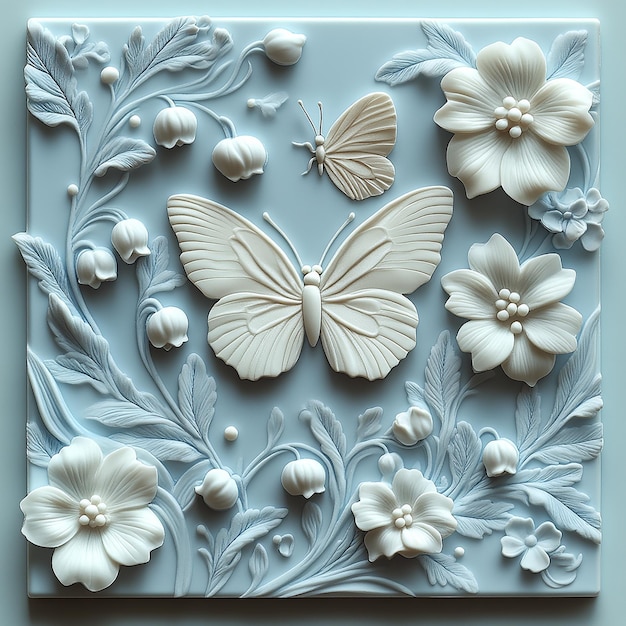 Photo a square makeup palette featuring an embossed lily of the valley design in light blue and white