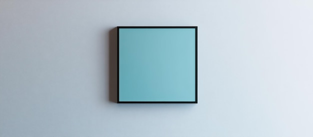 a square mirror on a white wall with a blue frame