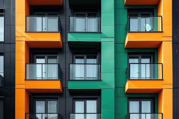 Square modern building exterior in green black and orange colors