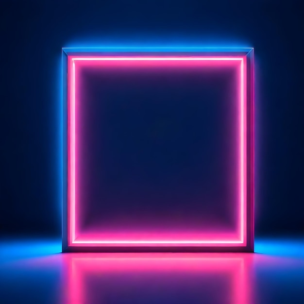 Photo square neon frame illustration mockup image light background pink blue lights product design