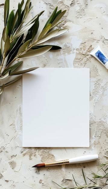 Square paper sheets mockup with watercolor brush and olive branch on stone background