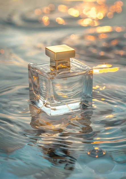 A square perfume bottle with gold accents