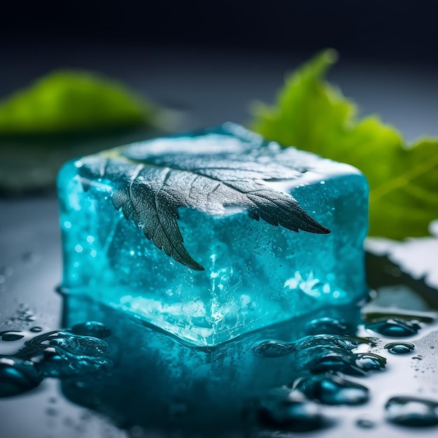 Square piece of blue translucent cold soap with mint generative AI