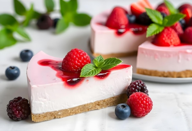 Photo a square piece of cake with raspberries and raspberries on top