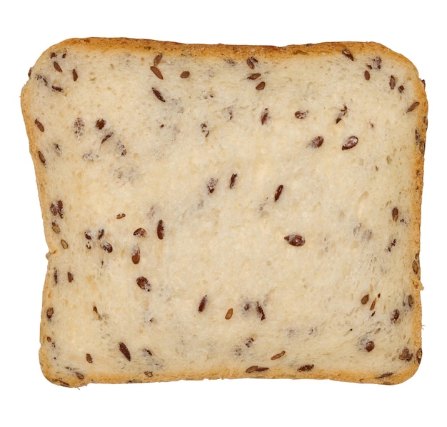 Square piece of wheat flour bread with flax seeds on isolated background