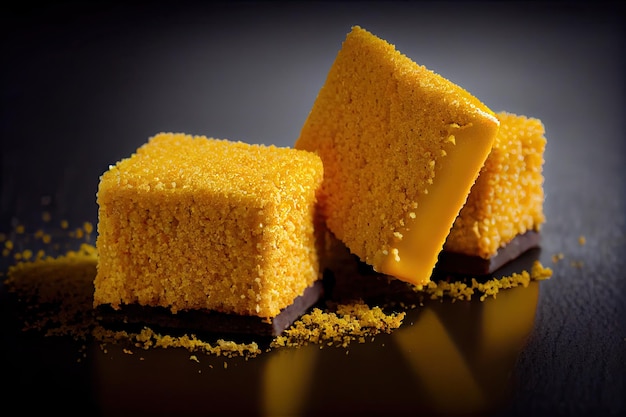 Square pieces of sweet golden sponge cake crumbs for snack