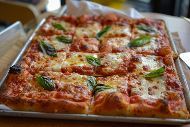 Square pizza resting on a pan placed on a table A squareshaped Sicilian pizza with a thick fluffy crust