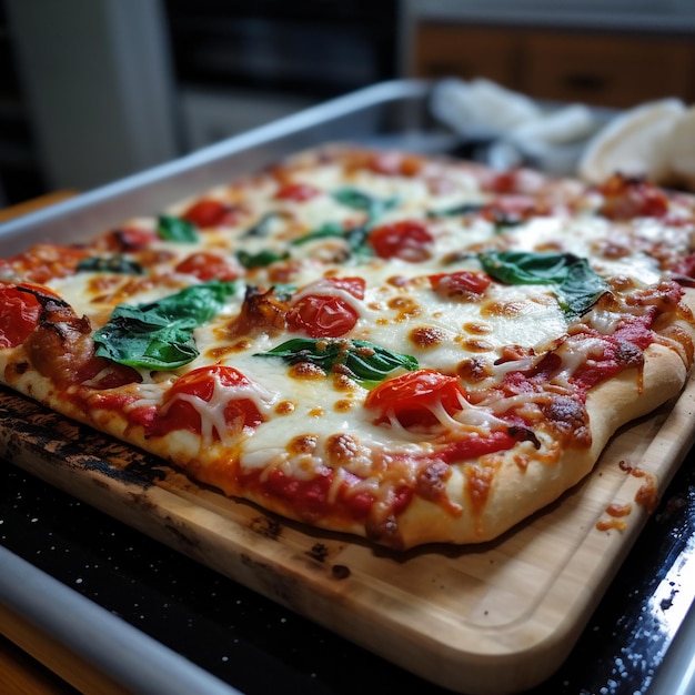 A square pizza with cheese and tomato sauce on top of a wooden cutting board.