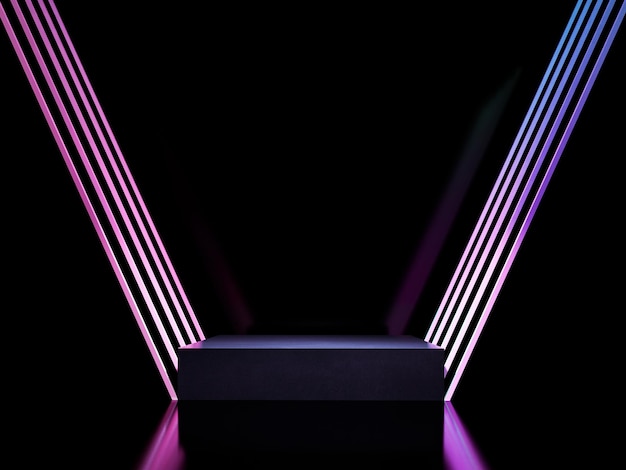 Square podium with realistic pink or purple Vshape neon lights background 3D render