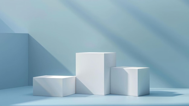 Square podiums are white Abstract background A stage for the demonstration of cosmetics Podium for the award consisting of three 3 square figures of different sizes on a blue background Showcase