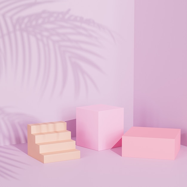 Square podiums on pastel pink surface with tropical leaf shadow