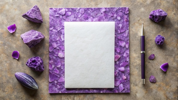 Photo a square of purple stones on a marble surface with purple stones on the top