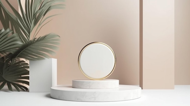 Square shape marble with golden palm leaves product display podium with Generative AI