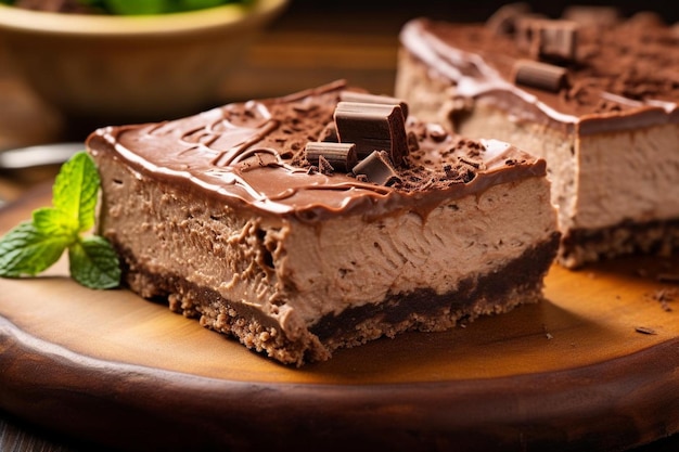 A square slice of chocolate cheesecake on a stone board