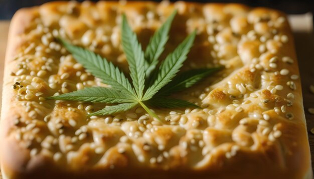 Photo a square sourdough bread with crushed hemp seeds and a cannabis leaf on top on a wooden table