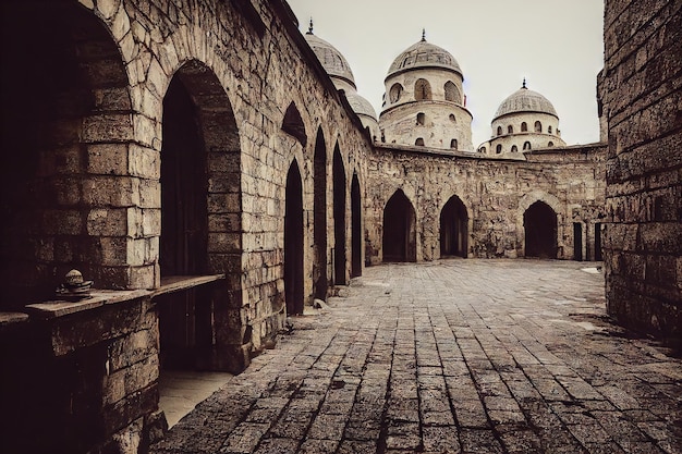 Square in stone castle with arches and medieval door