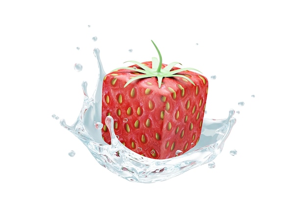 Square Strawberry with Water Splash on white background