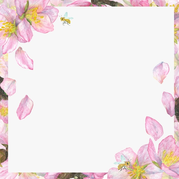 Square thin frame with inflorescences and cherry petals Romantic watercolor illustration