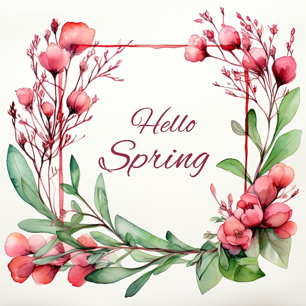 Square watercolor floral frame with text Hello Spring