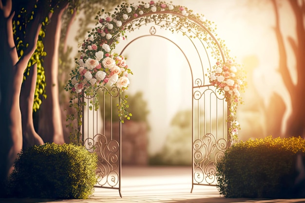 Square wedding arch with roses on blurred background