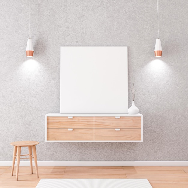 Square white Canvas Mockup standing on bureau, concrete wall, 3d rendering