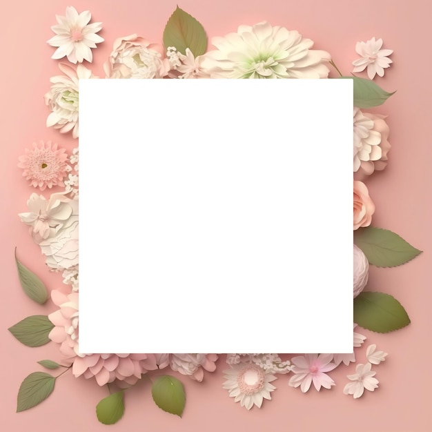 A square white square with flowers on a pink background