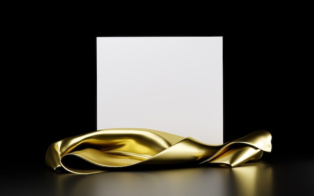 Square white stand with golden cloth isolated on a black background. Banner, template for presentation, advertising. 3d illustration