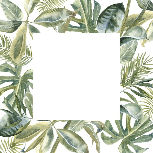 Square Wild Flowers animal skin print, tropical leaves Square Frame. Exotic floral Wreath.  Palm Leaves Border