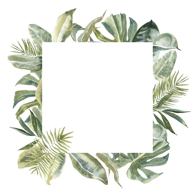 Square Wild Flowers animal skin print, tropical leaves Square Frame. Exotic floral Wreath.  Palm Leaves Border