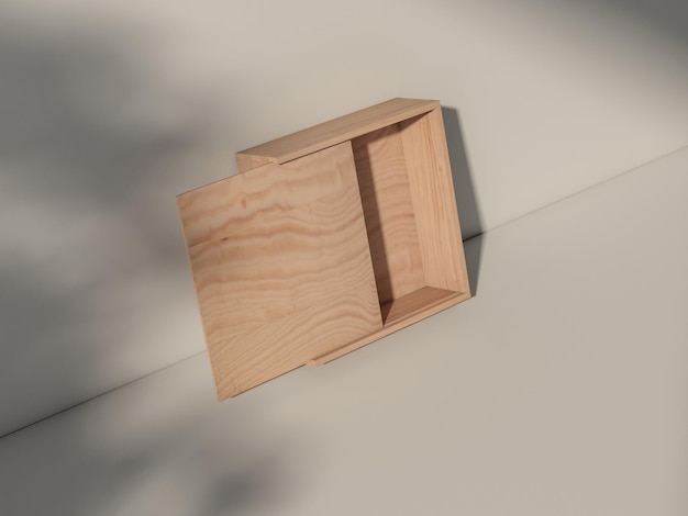 Square Wooden box Mockup standing on white table with shadows from trees. 3d rendering