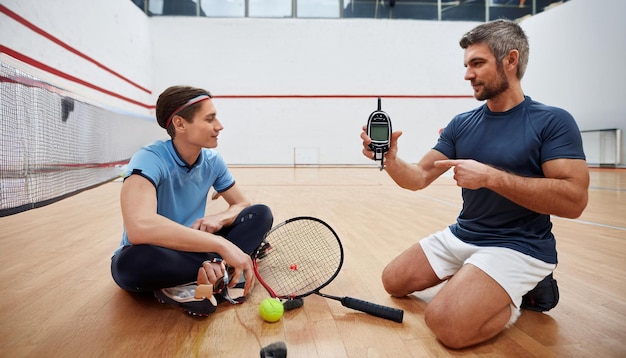 Photo squash player with a leg injury holding the broken