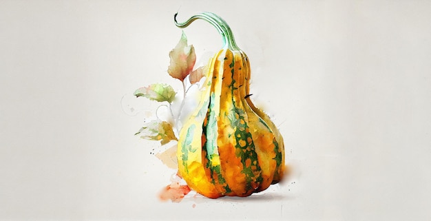 Squash. Watercolor on white paper background. Illustration of vegetables and greens