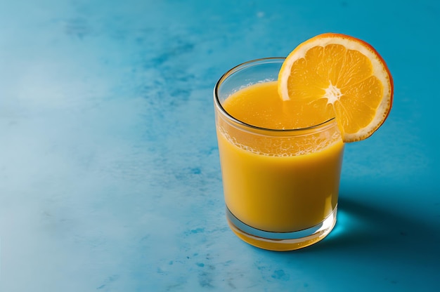 Squeezed orange juice garnished with orange slice on blue background