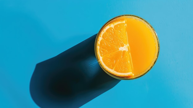 Photo squeezed orange juice with orange slice on blue background