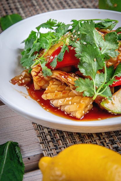 Squid in soy sauce and stewed vegetables