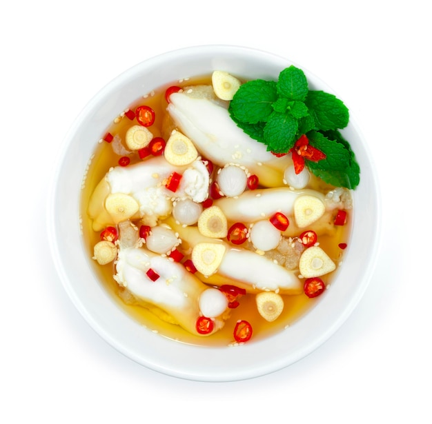 Squids Roe in Sweet fish Sauce with Pickle Garlic Thai food Style topview