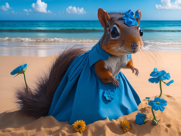 Squirrel in a beautiful blue dress with a pattern of flowers AI generated