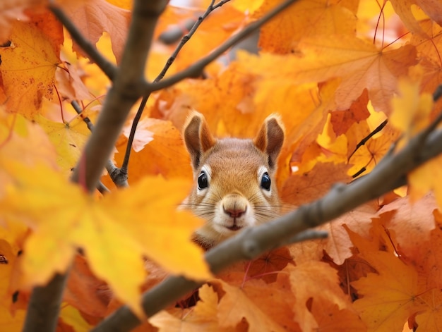 Squirrel concealed in the canopy of maple tree